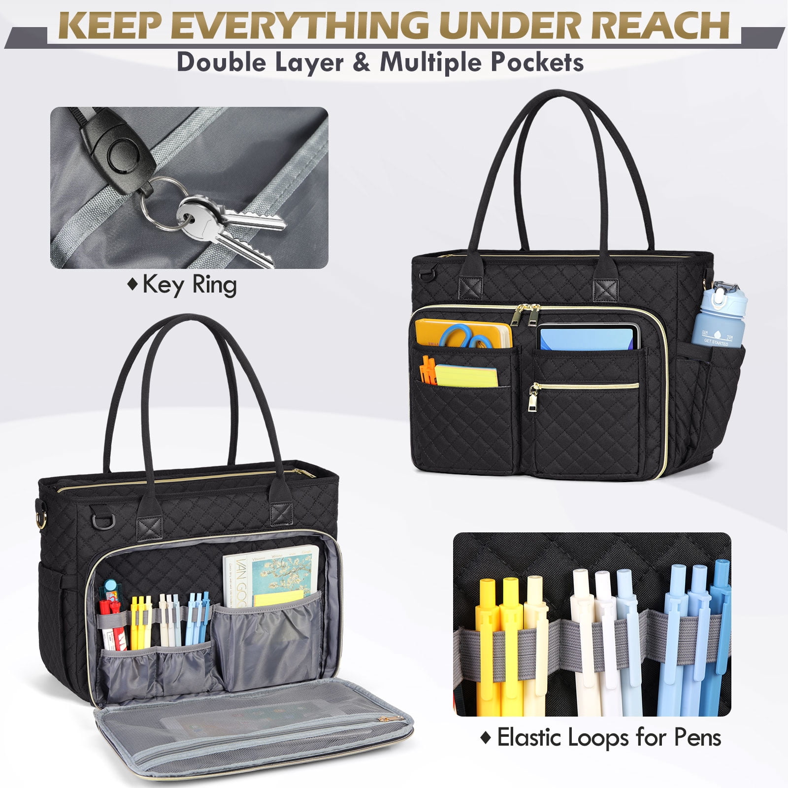 RAINSMORE Teacher Tote Bag 15.6 inch Laptop Bag for Women Work Bags Laptop Tote Nurse Bag Professional Computer Messenger with Insulated Pocket, Laptop Briefcase for Office, College, Nursing