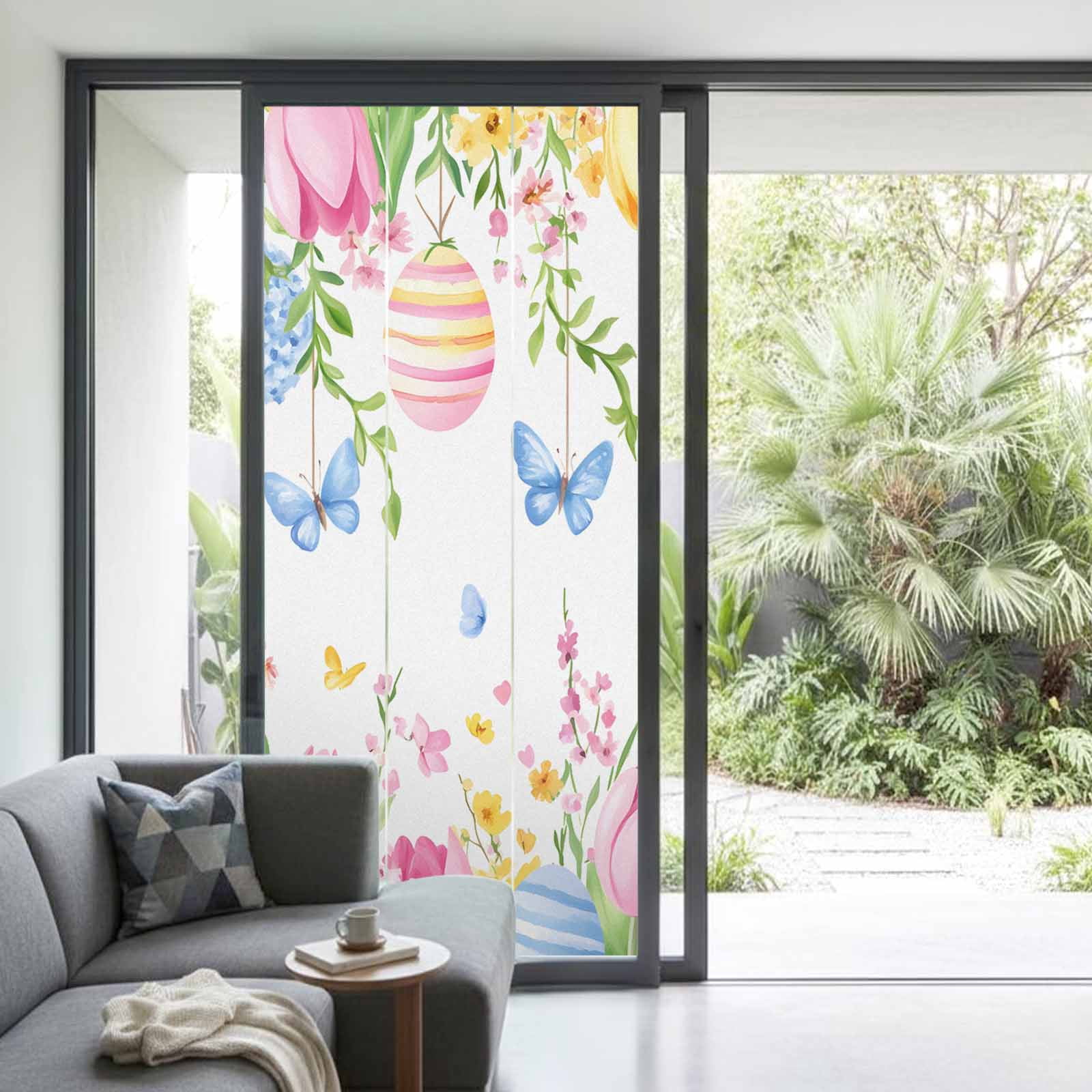 Easter Flowers Window Privacy Film, Watercolor Country Pink Blue Yellow Floral Eggs Butterfly Frosted Glass Window Clings Static Cling UV Heat Blocking Reusable Sticker for Bedroom 35.4x78.7 Inch