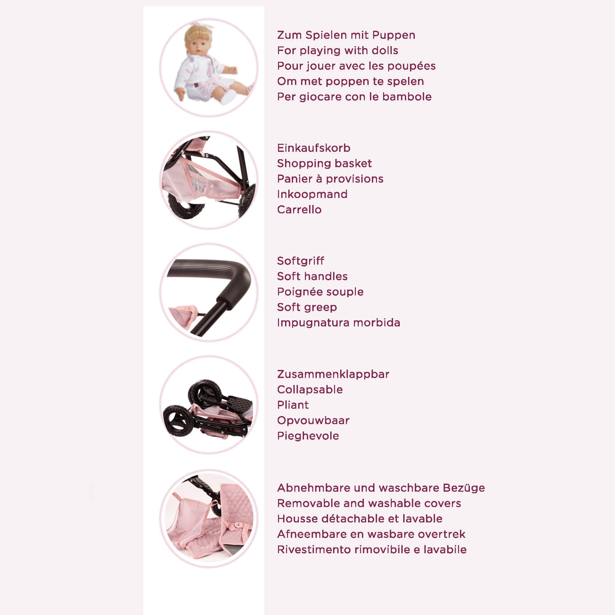 Gotz: 3‑Wheel Doll Buggy - Soft Mood - Pink Rose & Grey, Foldable Toy Stroller, Push Jogger, Adjustable Sunshade, Storage, Dolls Up to 19.5", Kids 3+