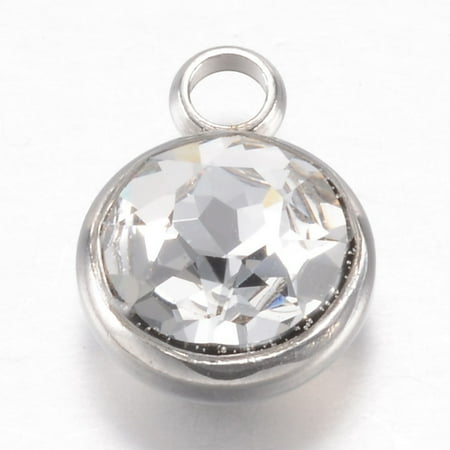 5pcs 304 Stainless Steel Glass Rhinestone Charms April Birthstone Charms Faceted Flat Round Clear 14x10x7mm Hole: 2.5mm