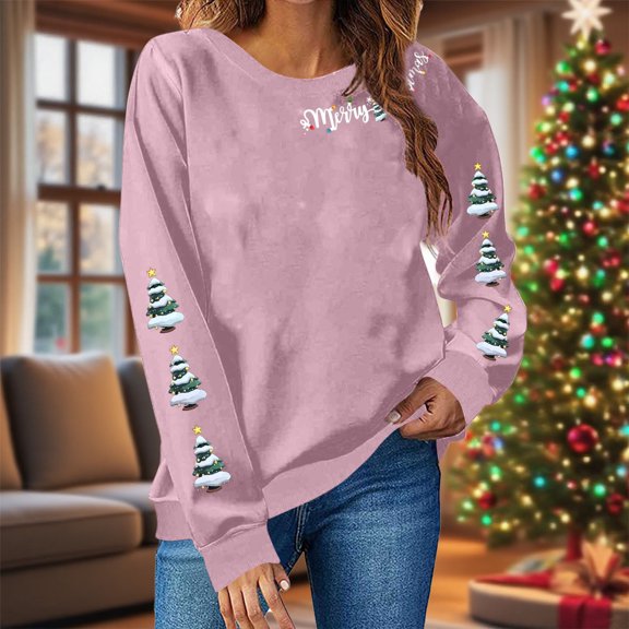Womens Casual Crew Neck Sweatshirt Christmas Loose Fit Soft Long Sleeve Warm Pullover Tops Fall Clothes Pink M