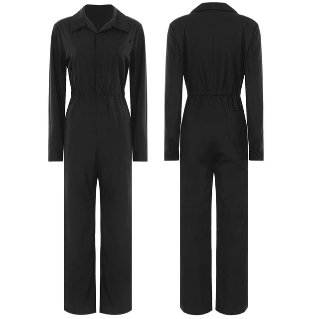 Aislor Combinaison Décontractée pour Femme à Manches Courtes, Combinaison à Boutons, Couleur Unie, Col Rabattu, Manches Longues, Noir, TG