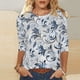 thumbnail image 2 of Tops de Manga Larga de Mujer 3/4 Manga Flores Impresas Cuello Redondo Blusa Casual Estiramiento Suave, 2 of 5