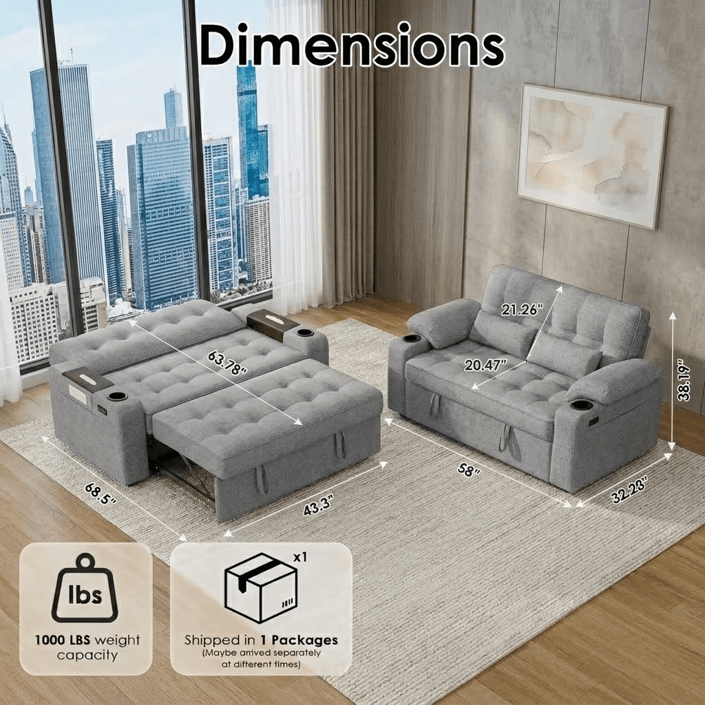 58" Convertible Sofa Bed Pull Out Couch Sleeper Loveseat with Teddy Fabric USB Charging Ports Adjustable Backrest Cup Holders and Side Pocket for Living Room Apartment Small Spaces,Light Grey