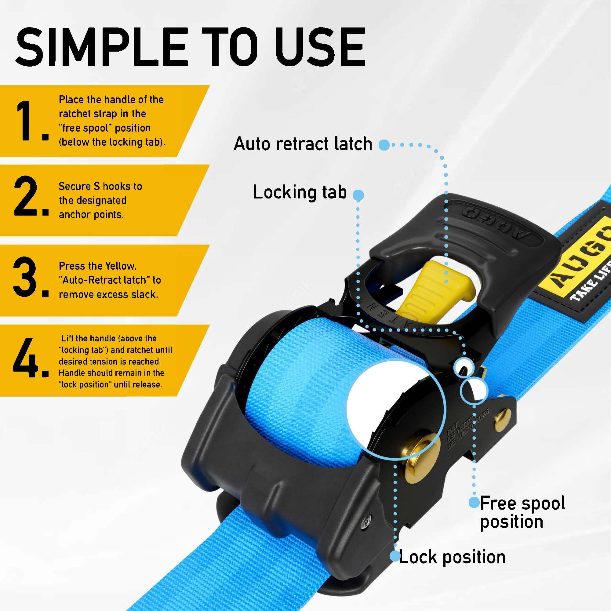 AUGO Retractable Ratchet Straps | 2 Heavy Duty Ratchet Straps Self Retractable Tie Down Straps with Soft Loops & Storage Bag for Motorcycle, Truck, Trailer, Cargo Van |3000 Lb Break Strength 2” x 10’
