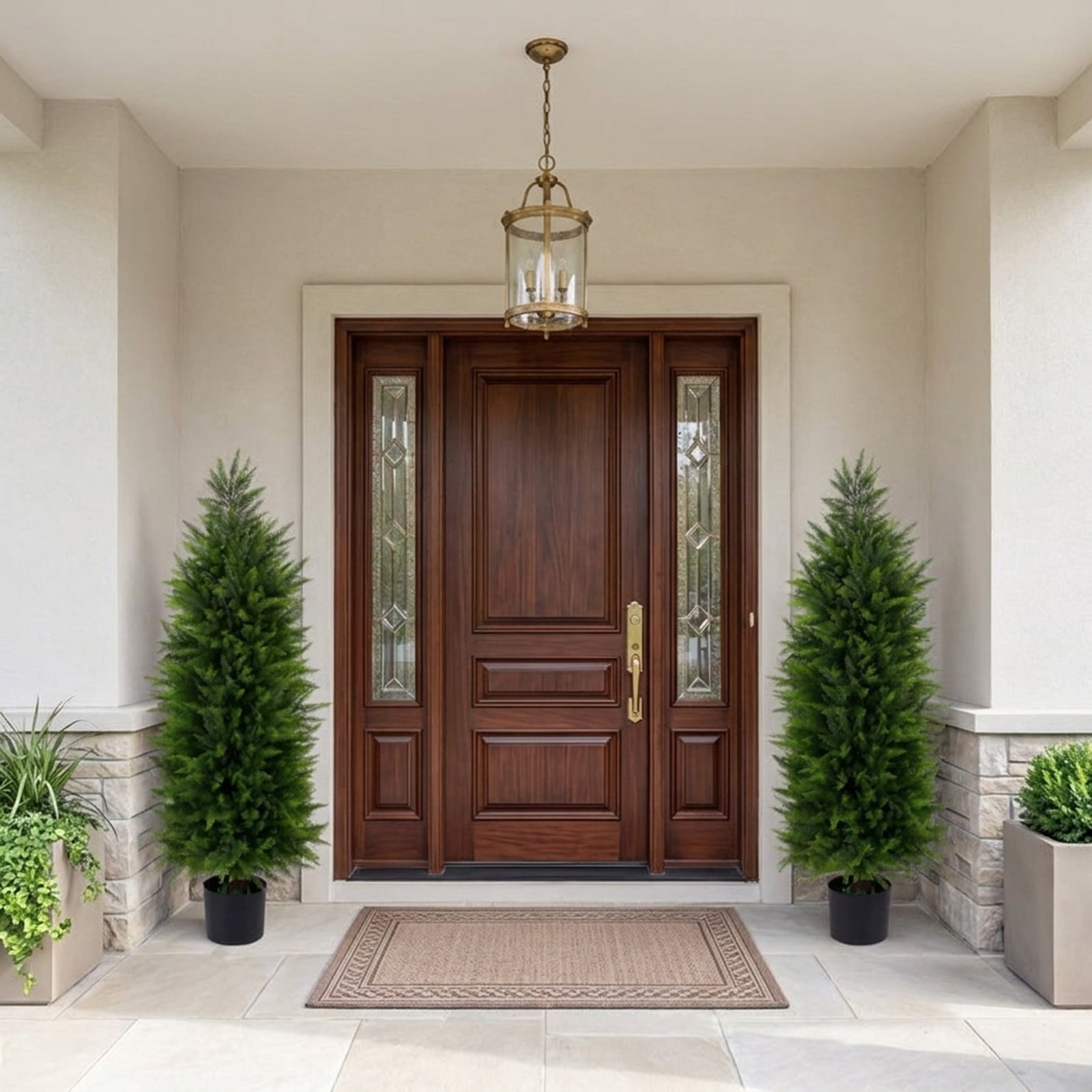 Vebreda Artificial Plant Decor, 4 FT Artificial Topiary Tree Set of 2 Faux Cedar Cypress Plants in Cement-Filled Pots, Lifelike Greenery Display