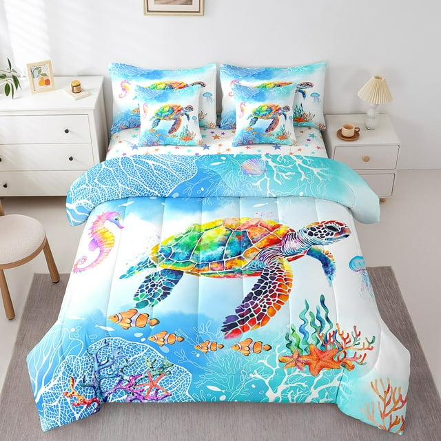 Erosebridal Literie Tortue de Mer Dessin Animé Taille Simple, Lit Animal Poisson Océan en Sac Taille Simple, Réversible 7 Pcs