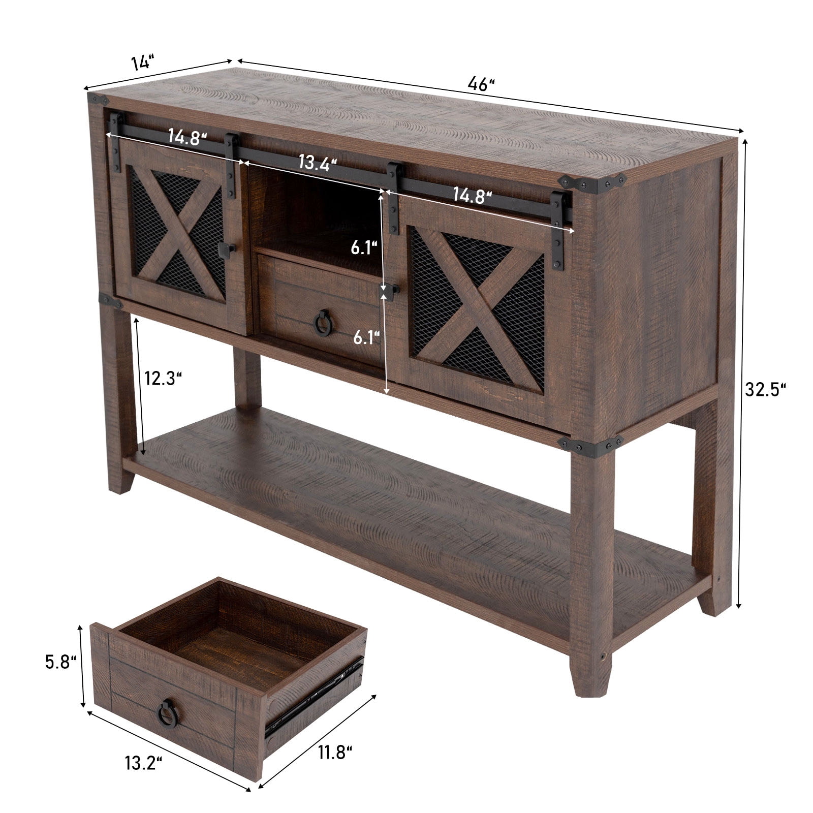 ANPOO Rustic Sofa Table, Large Console Table Entryway Table with 2 Barn Door Cabinets & 1 Drawer for Living Room