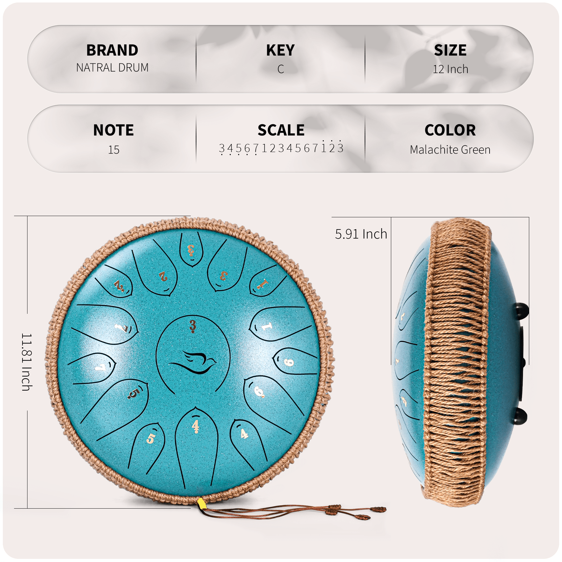 12" 15 Note Steel Tongue Drum C Major, Lidguni Tongue Pan Drums for Adults, Malachite Green
