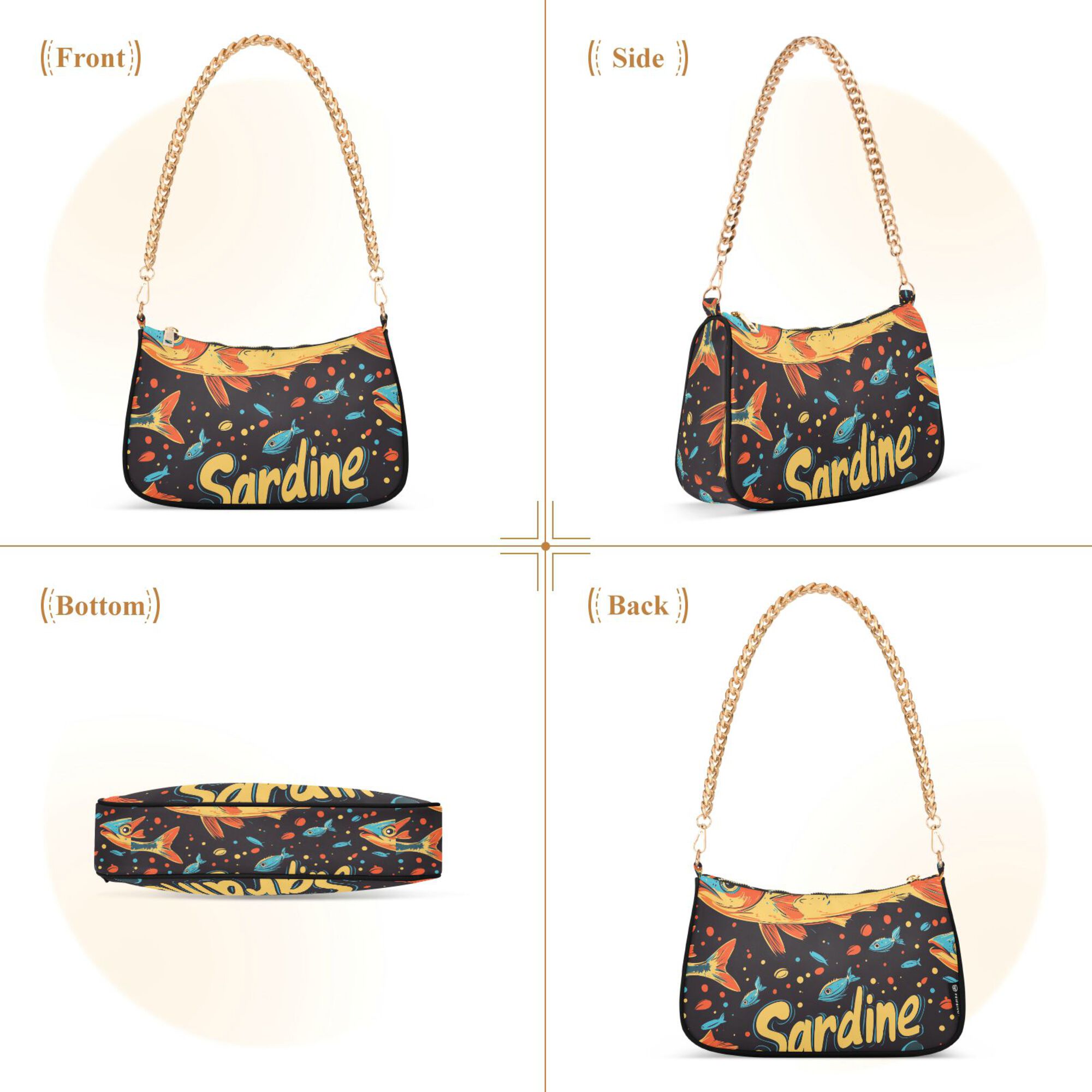 FORMRS Womens Shoulder Bag with Chain Strap Clutch Purse Cute Tote Handbag, Black Sardines Pattern