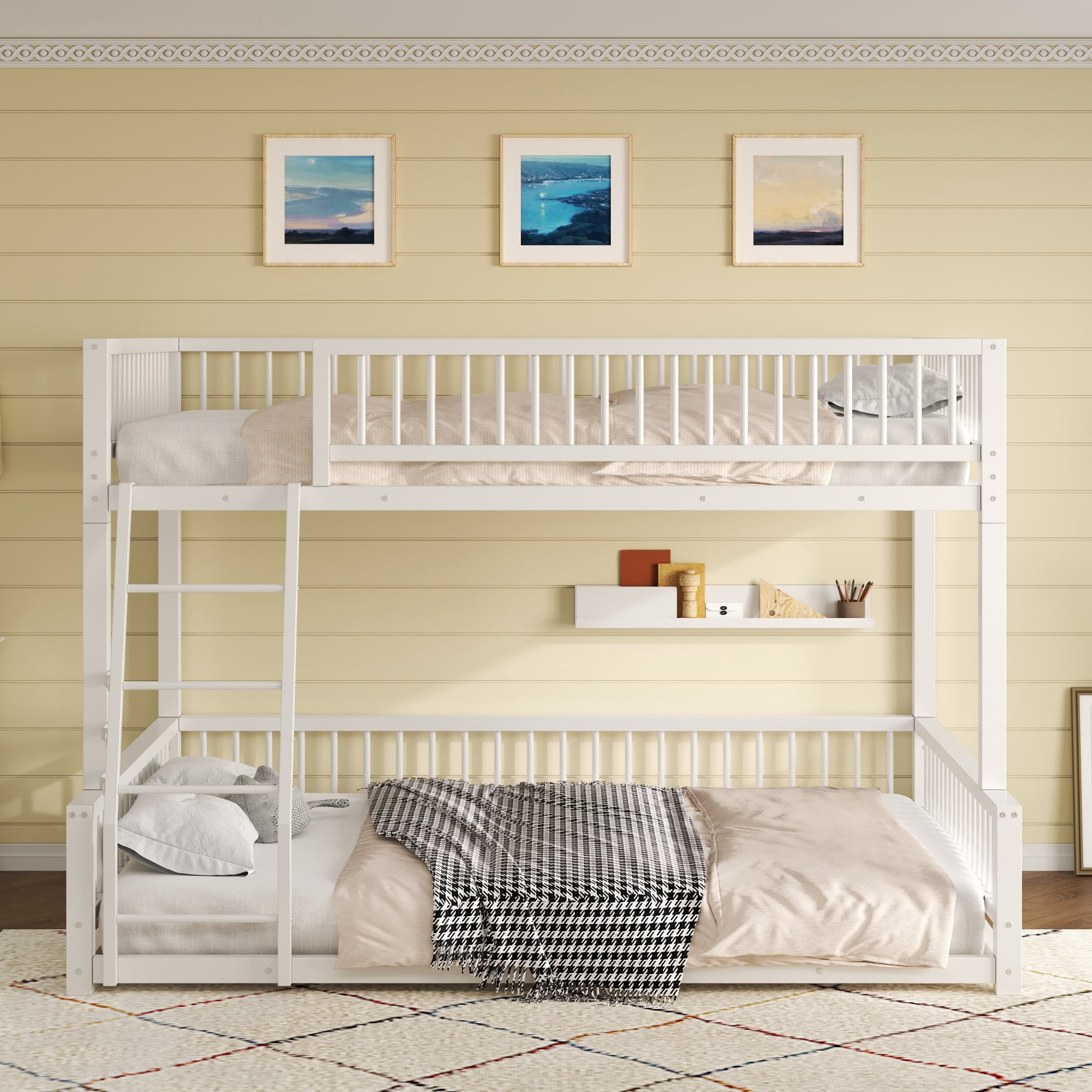 Leumius Full XL over Queen Bunk Bed,Heavy Duty Metal Bunk Beds for Adults and Kids,Floor Bed Frame with Ladder and Safety Guardrails, Easy Assemble,White