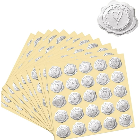 300pcs Silver Embossed Wax Seal Looking Heart Envelope Seals for Wedding Invitations/Greeting Cards/Party Favors, Self-Adhesive