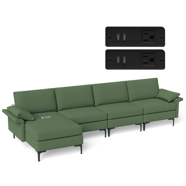 Costway Modern Modular L-shaped Sectional Sofa w/ Reversible Chaise & 4 USB Ports Green
