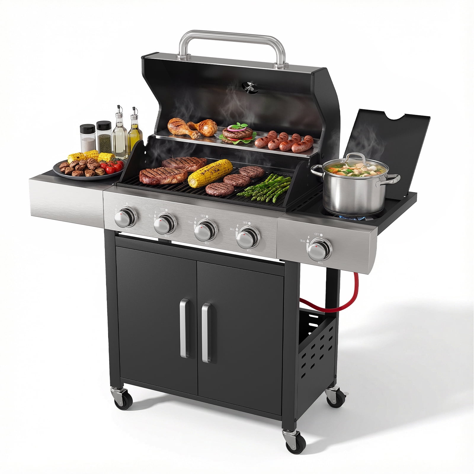 Opohoro 4-Burner Propane Gas Grill with Side Burner, 465 Sq. In. Cooking Area, Single Lid BBQ Grill for Patio & Backyard