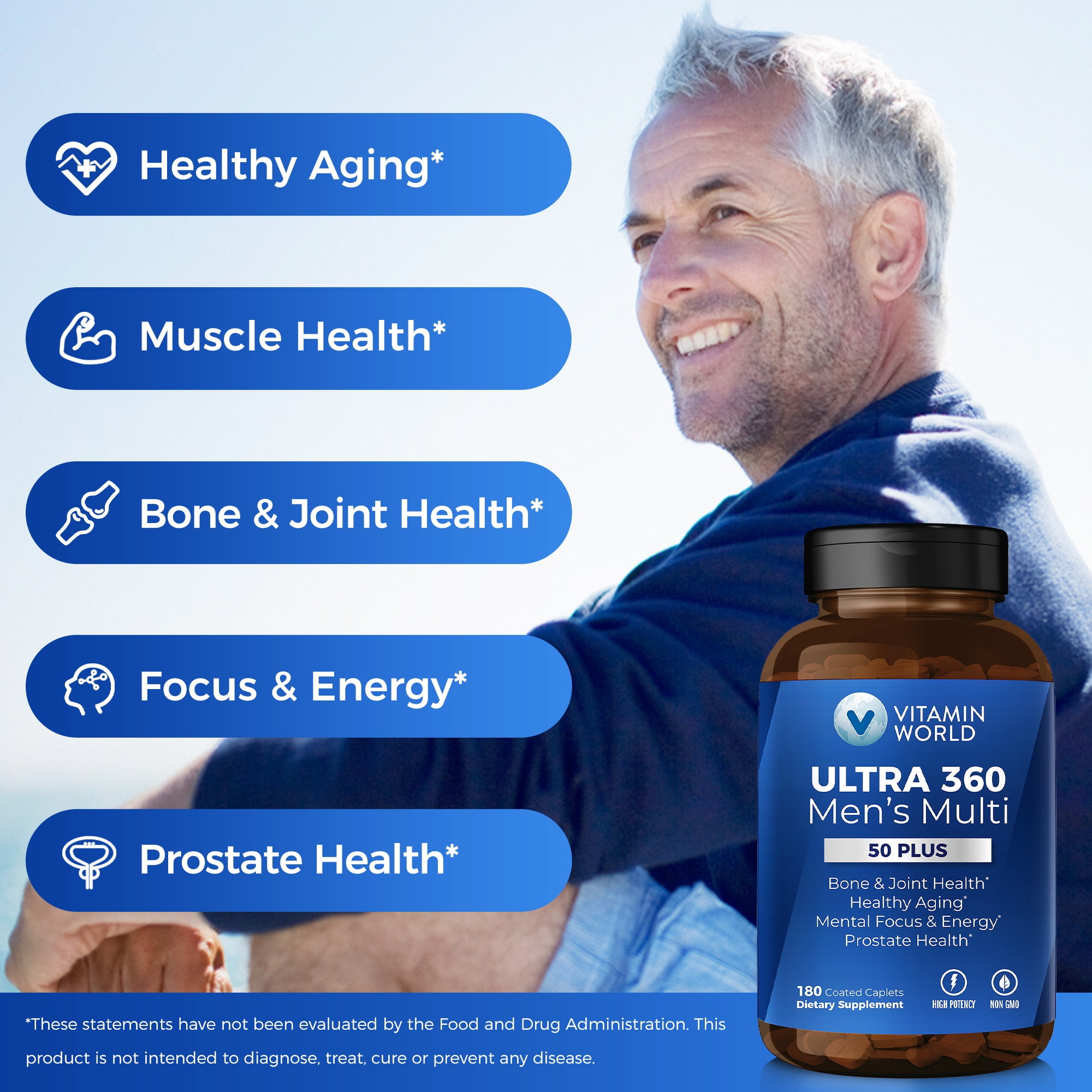 Vitamin World Ultra 360 Multivitamin for Men 50 Plus, Men's 50+ Multivitamin with Minerals & Herbs for Prostate Function, Supplement with Vitamin A, C, D, E & Zinc for Healthy Aging, 180 Caplets