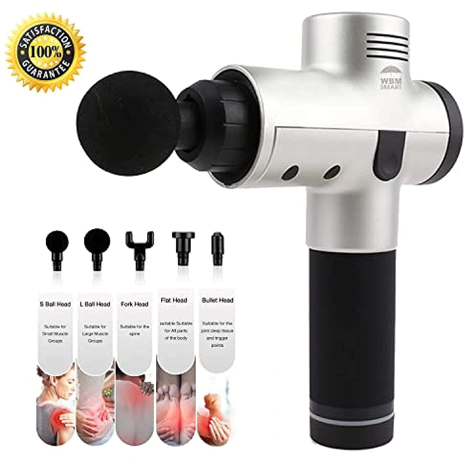 WBM Smart Gun Muscle Deep Tissue Percussion Portable Handheld Electric Body Massager Sports Drill, 1 Count (Pack of 1), (Silver)