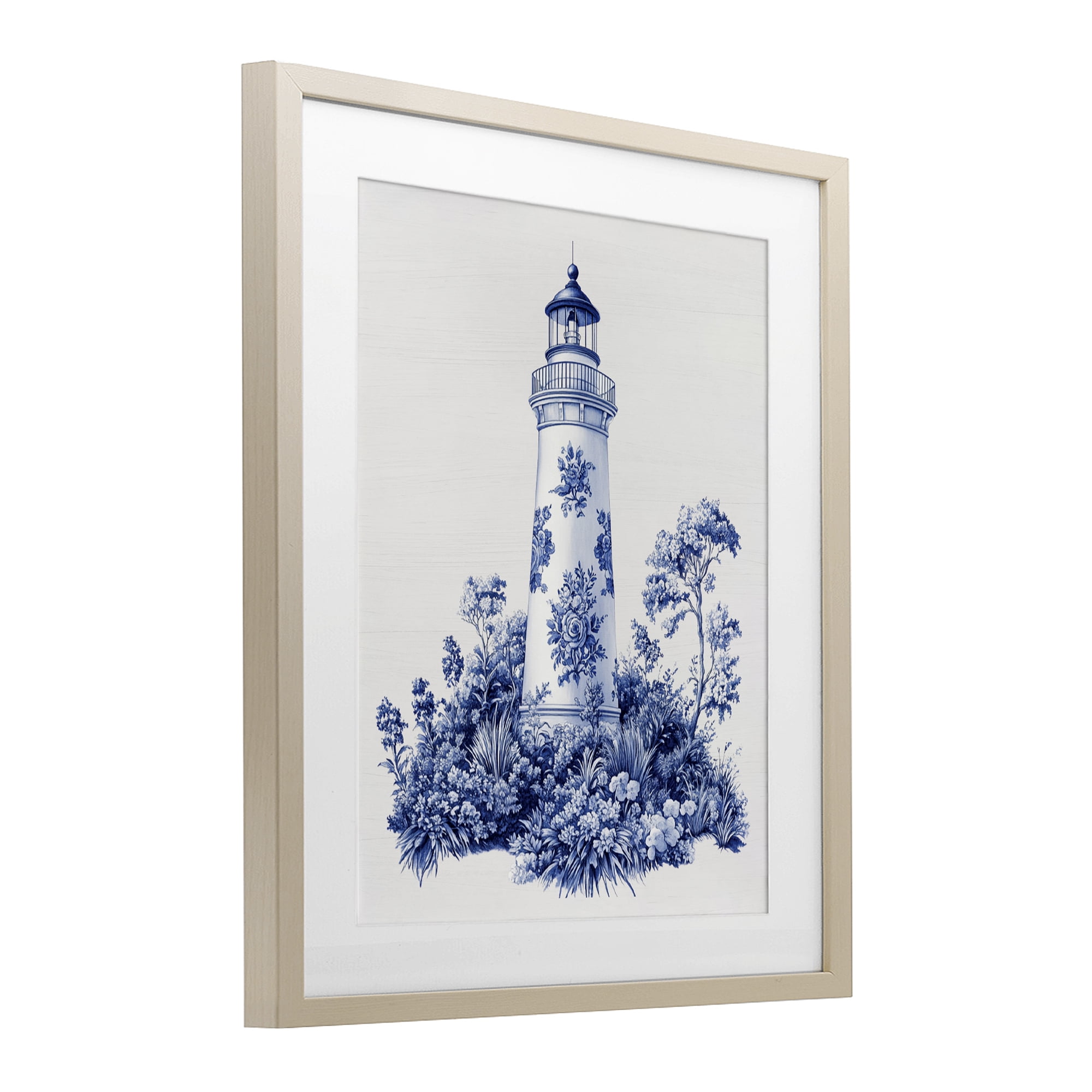 Toile Patterned Lighthouse Birch Framed Print Under Glass, design by Lettered and Lined