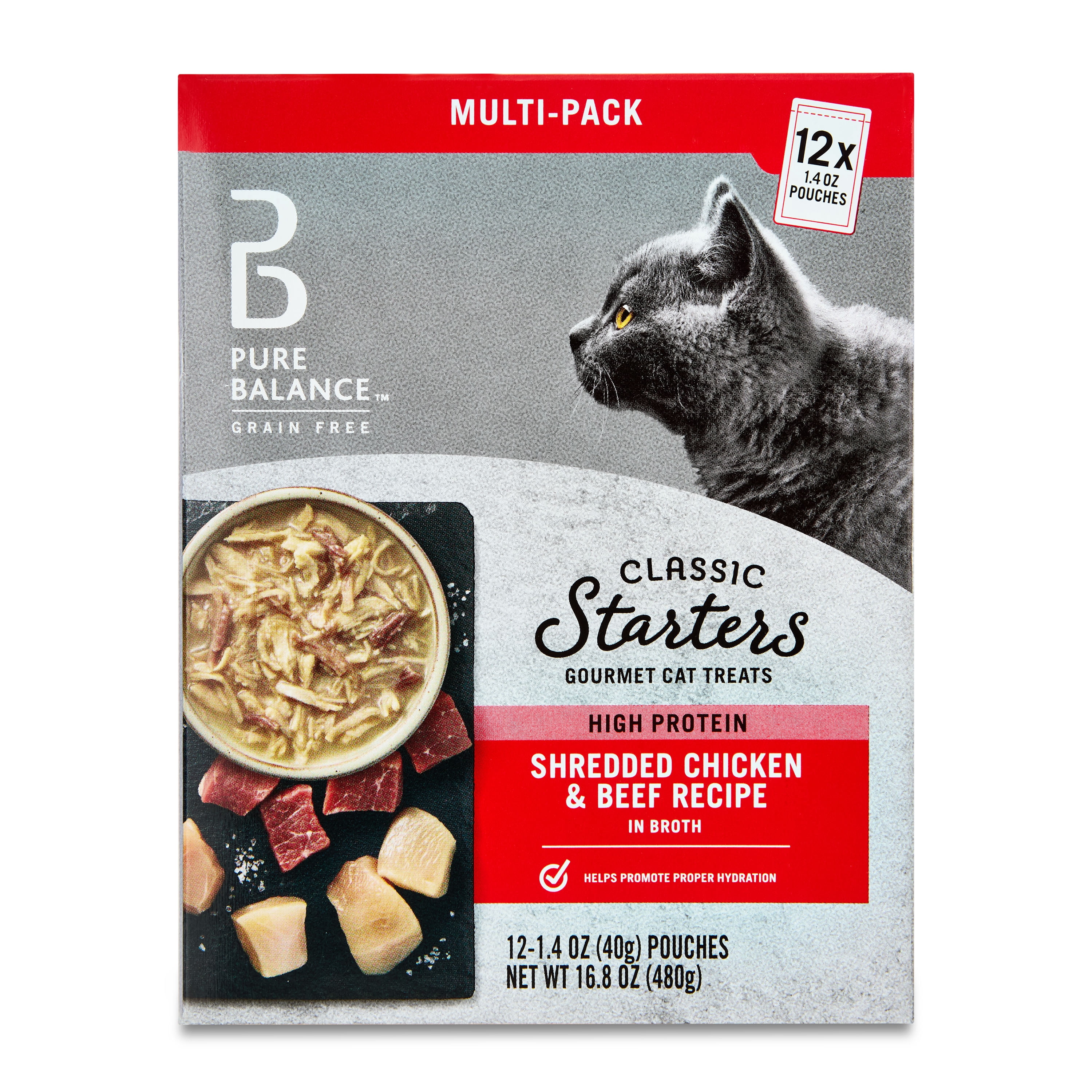 (2 pack) Pure Balance Grain Free Gourmet Wet Cat Treats, Shredded Chicken & Beef Recipe, 1.4 oz Pouches, 12 Count
