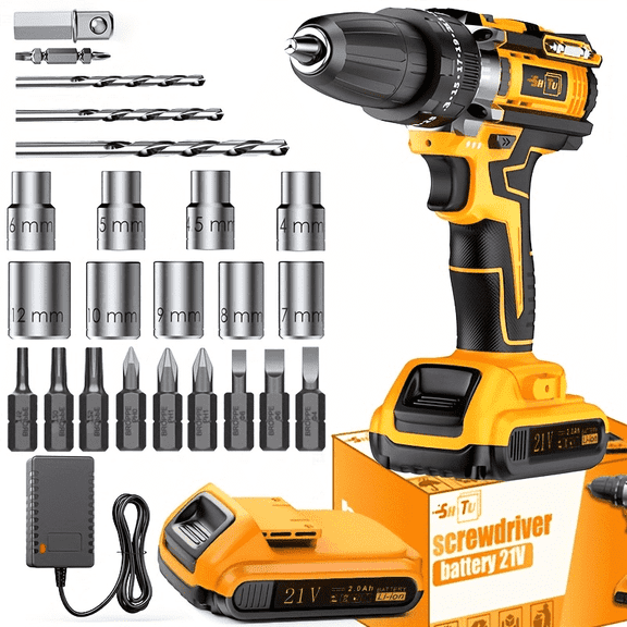 21V Cordless Drill , Electric Impact Drill with LED Light & Battery