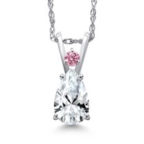 Gem Stone King 14K White Gold White Created Sapphire and Pink Lab Grown Diamond Pendant Necklace for Women | 1.04 Cttw | Gemstone September Birthstone | Pear Shape 7X5MM | With 18 inch Chain