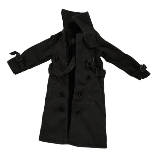 1/12 de ropa para muñecas a escala: gabardina cruzada, atuendo realista para acción. Negro
