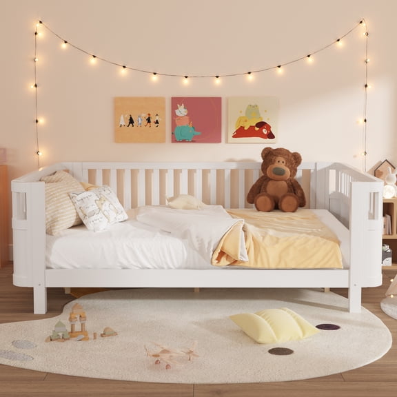 Euroco Wood Queen Size Platform Bed with Rails, White