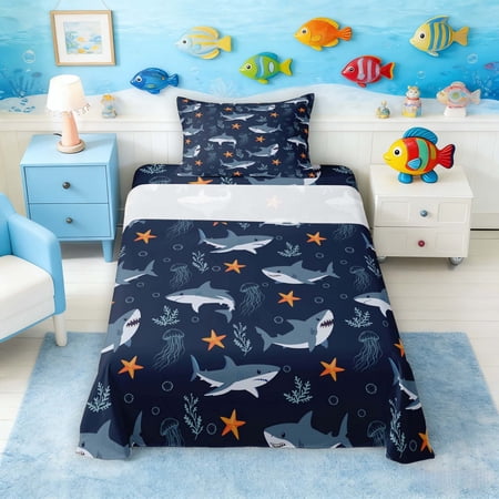 Manfei Cute Sea Shark Twin Sheet Sets for Kids Boys and Girls Ocean Animal Bedding 3pcs 1 Flat Sheet 1 Fitted Sheet and 1 Pillowcase