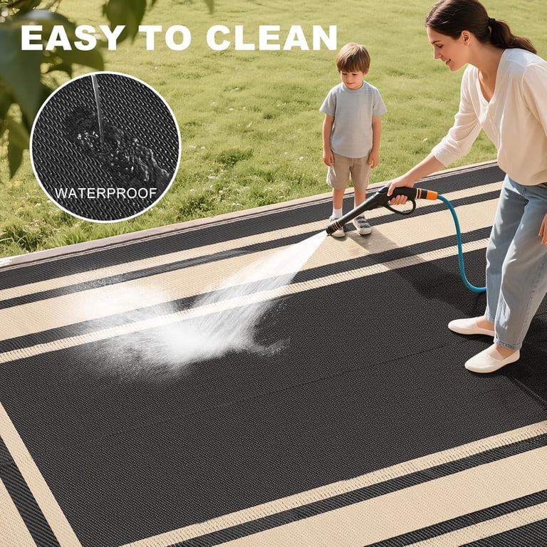 YANMUXIAN Reversible Outdoor Rug, Black and Beige, 5'x8