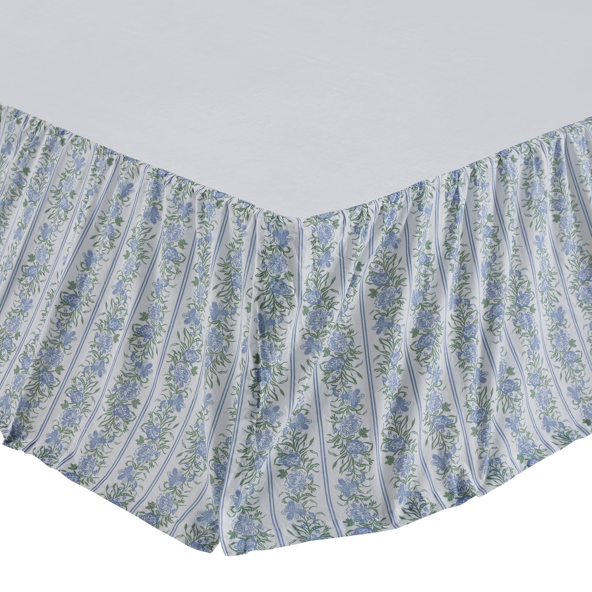 VHC Brands Jolie, Farmhouse Bed Skirt Dust Ruffle, Floral, King, Blue & Green, 78x80x16