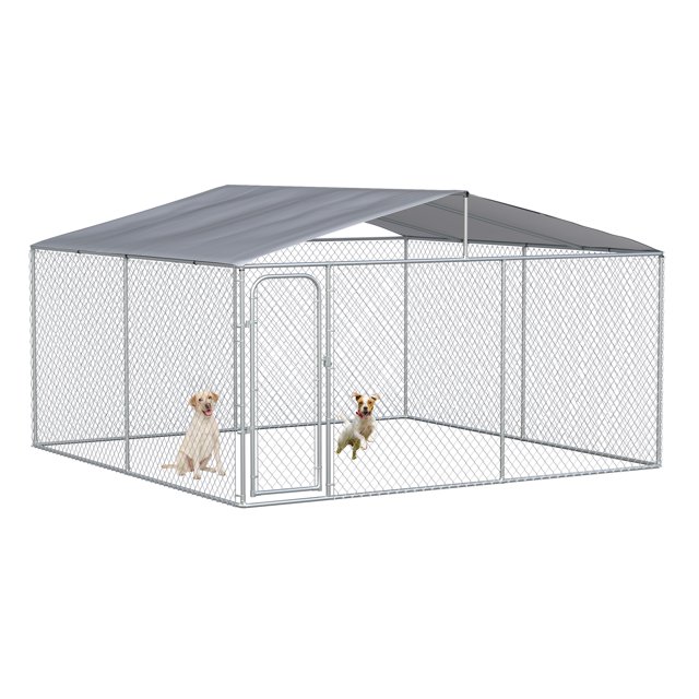 PawHut Dog Kennel Outdoor Dog Run with Canopy, measuring 13' x 13' x 7.6', featuring a galvanized steel frame and chain link fencing. Includes a pitched roof with a silver tarp canopy for weather protection and a lockable door for security. Suitable for dogs, rabbits, ducks, chickens, and other similar-sized pets. Ideal as an outdoor pet enclosure for exercise and relaxation.