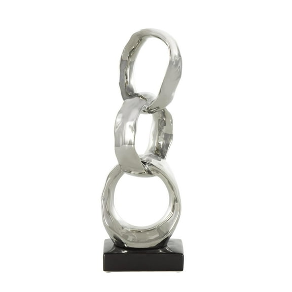 5" x 15" Silver Ceramic Interlocked Ring Abstract Sculpture with Black Base, by DecMode