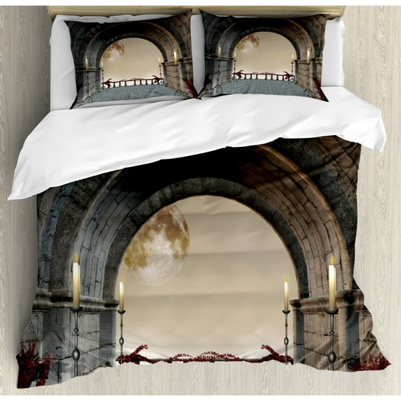 Gothic Decor Queen Size Duvet Cover Set, Middle Age Balcony of Stone Castle with Candles Renaissance Inspired Vintage Design, Decorative 3 Piece Bedding Set with 2 Pillow Shams, Grey, by Ambesonne