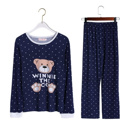 

Women Long Sleeve Bear Print Tops And Pants Wave Point Pajamas Set Sleepwear