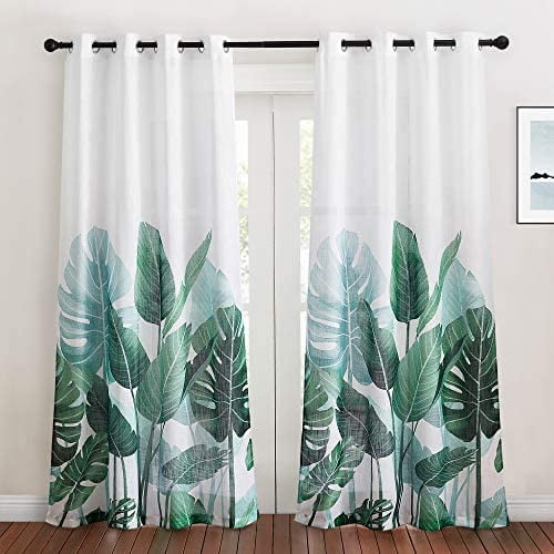 Sheer Curtains 84 Inch Length Linen Textured Semi Tropical Leaves Pattern Half Translucent Window Ds For Bedroom Living Room French Door 2 Panels W 50 X L Canada Linen Textured Semi Sheer Curtains, What Size Curtains Do I Need For A 50 Inch Window