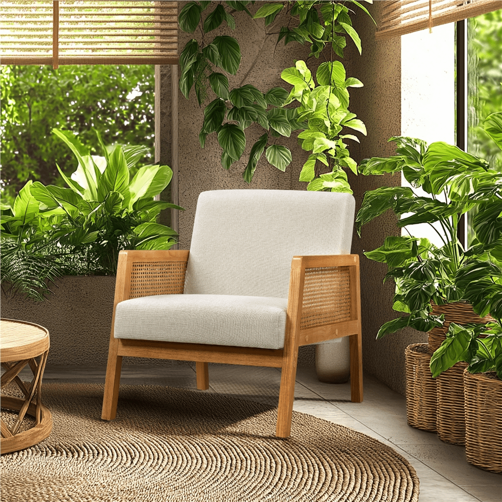 Renwick Fabric Upholstered Accent Chair with Rattan Sides for Living Rooms,Beige