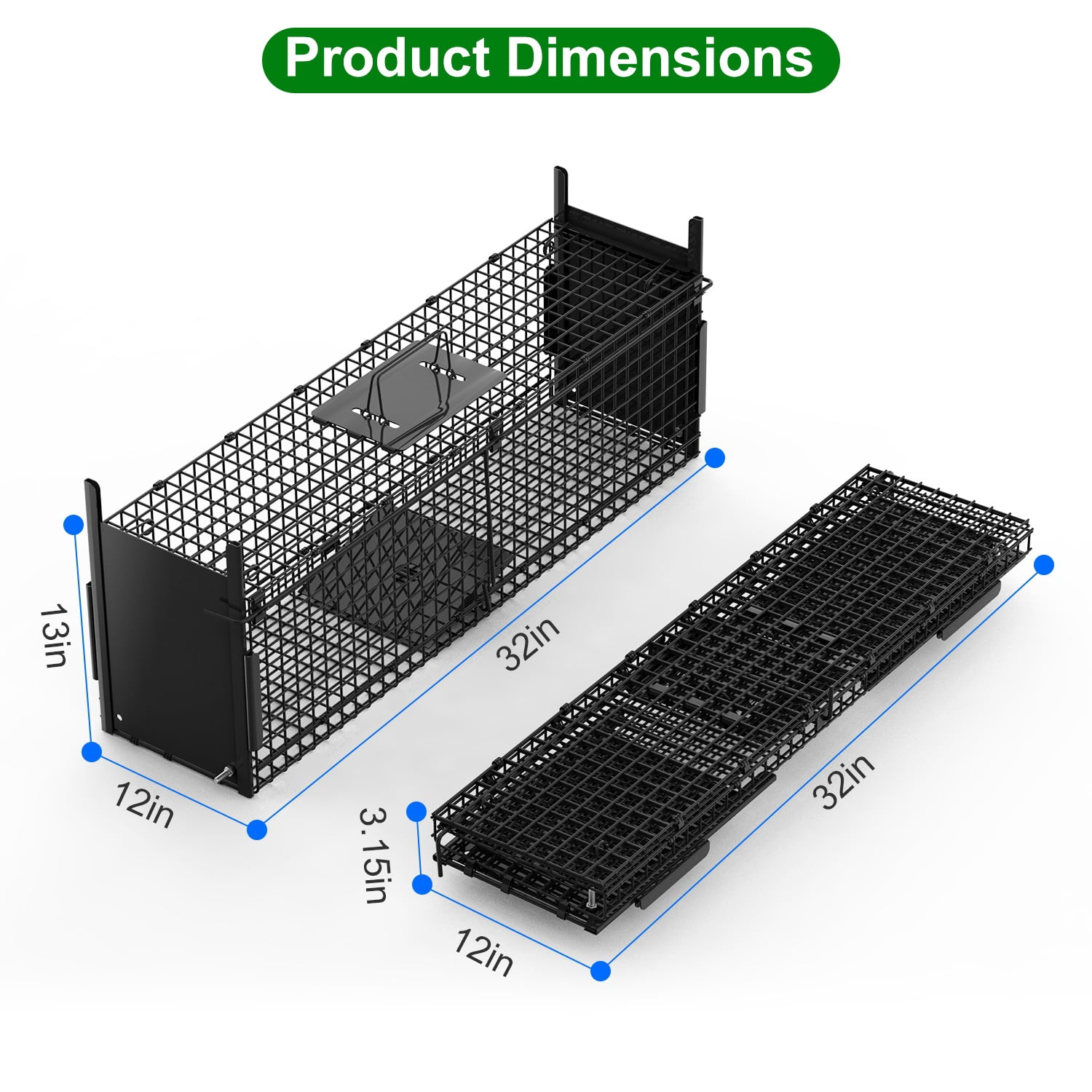 zorpupoa 32in 2 Door Humane Live Animal Trap Cage Galvanized Iron Easy Setup Catch & Release for Raccoons Squirrels Rabbits Under 12 lbs for Outdoor Yard Garden