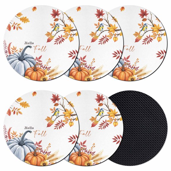 Thanksgiving Fall Coasters Set of 6, Absorbent Coasters for Drinks, Orange Blue Pumpkin Maple Leaf Coaster for Desk Coffee Table Protection, Home Decor House Warming Gifts 4"