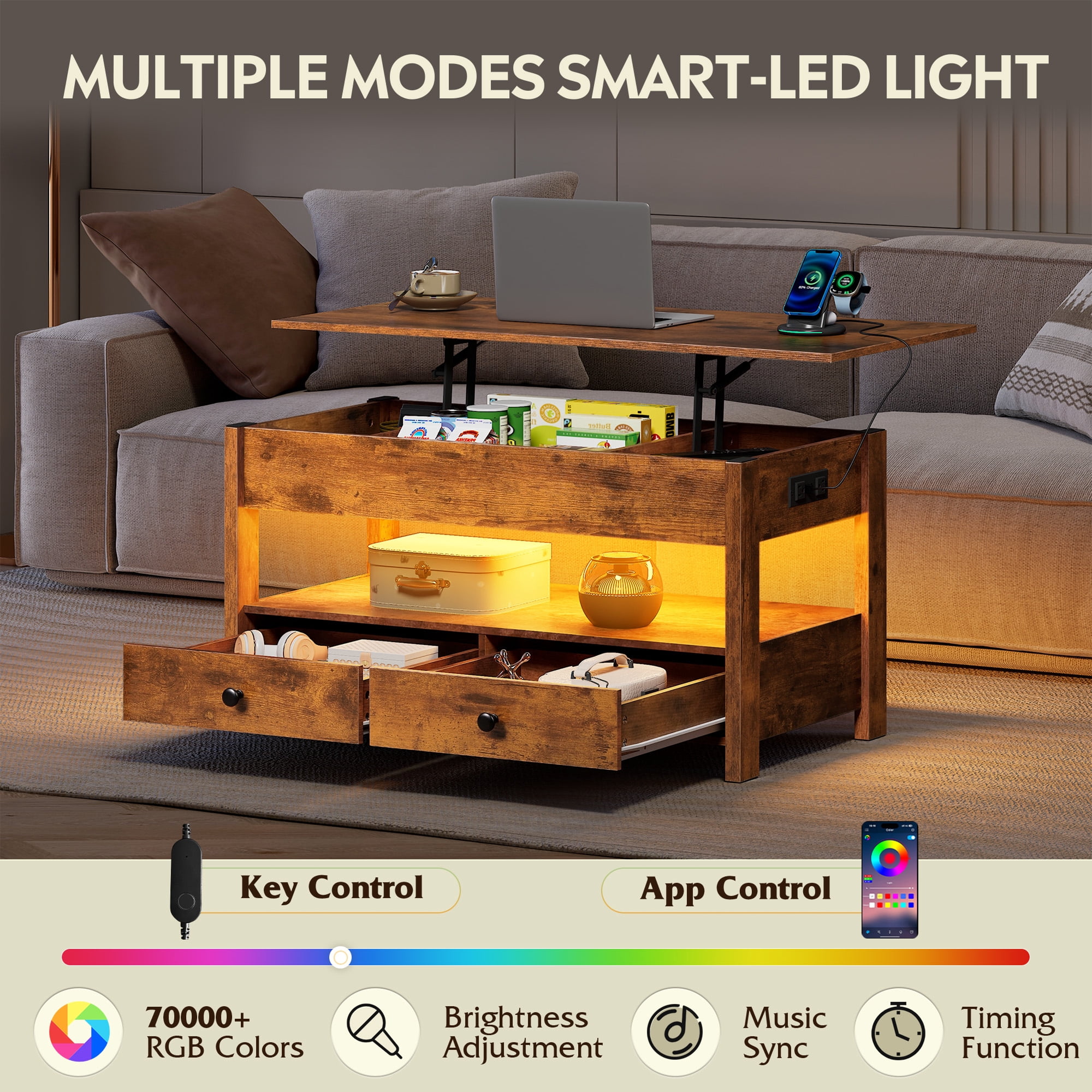 GALAXHERO Lift Top Coffee Table for Living Room Table with 2 Drawers & LED Light & Large Storage and Open Shelf Rustic Brown