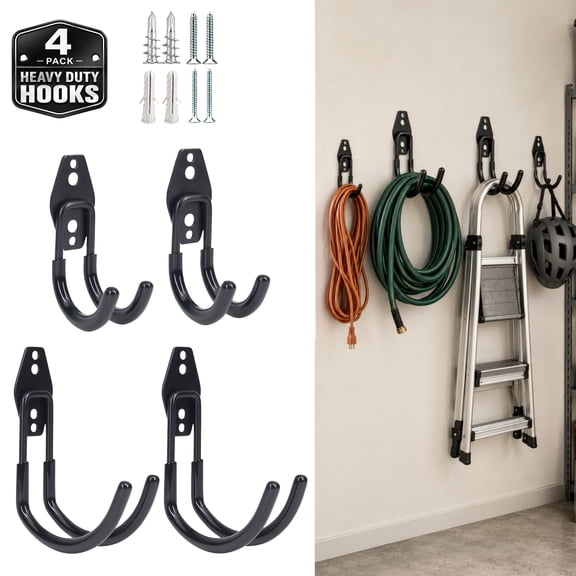 4 Pack Garage Hooks, Heavy Duty Garage Wall Hooks with Screws & Wall Anchors, Bike Wall Mount Utility Storage Hooks Hangers for Bikes, Tools, Ladders, Garden Equipment, 2 Large   2 Small