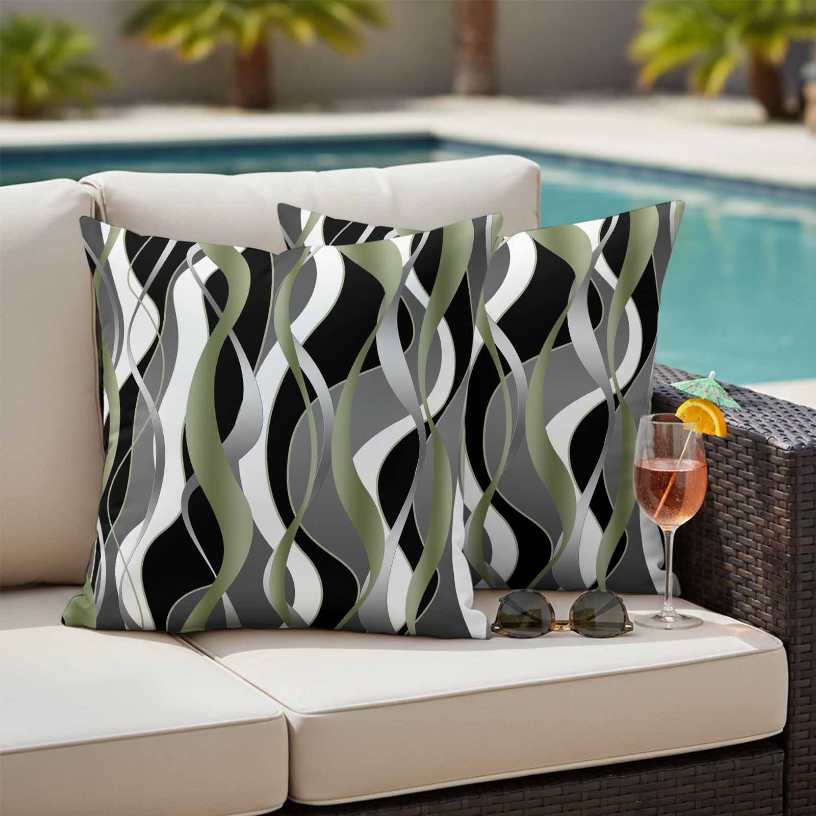 Sage Green Stripe Outdoor Waterproof Pillow Covers, Grey White Geometric Modern Abstract Decorative Square Throw Pillowcase Sofa Cushion Sham for Patio/Couch/Chair, 18"x18" 2 Pack