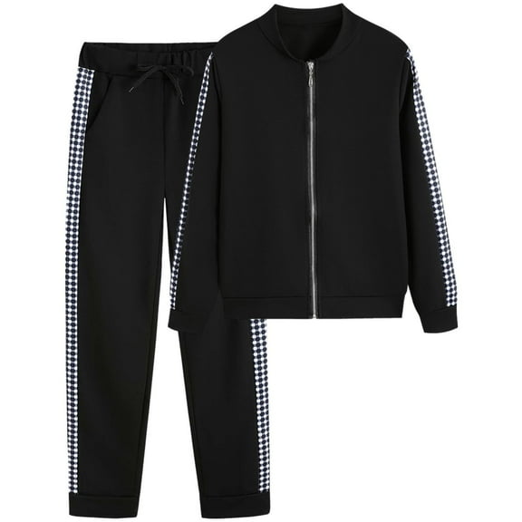 Sweatsuits for Women Set 2 Piece Plaid Patchwork Long Sleeve Zip up Jacket and Jogger Pants Sets Casual Sportswear (3X-Large, Black)