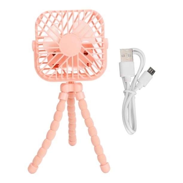 Ventilador de escritorio con 3 velocidades, luz LED, trípode flexible, portátil, para cochecito de bebé, cuadrado, rosa