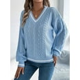 thumbnail image 3 of Women'S Long Sleeve V Neck Cable Knit Sweater 2025 Fall Pullover Top Cute Soft Dressy Casual Outfits Blue L, 3 of 8