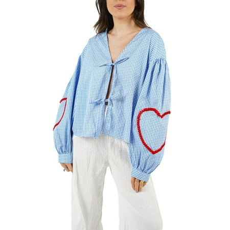 Y2k Plaid Tie Front Babydoll Blouse for Women Long Puff Sleeve Lace Up Heart Tops Cute Ruffle Hem Going Out Shirts