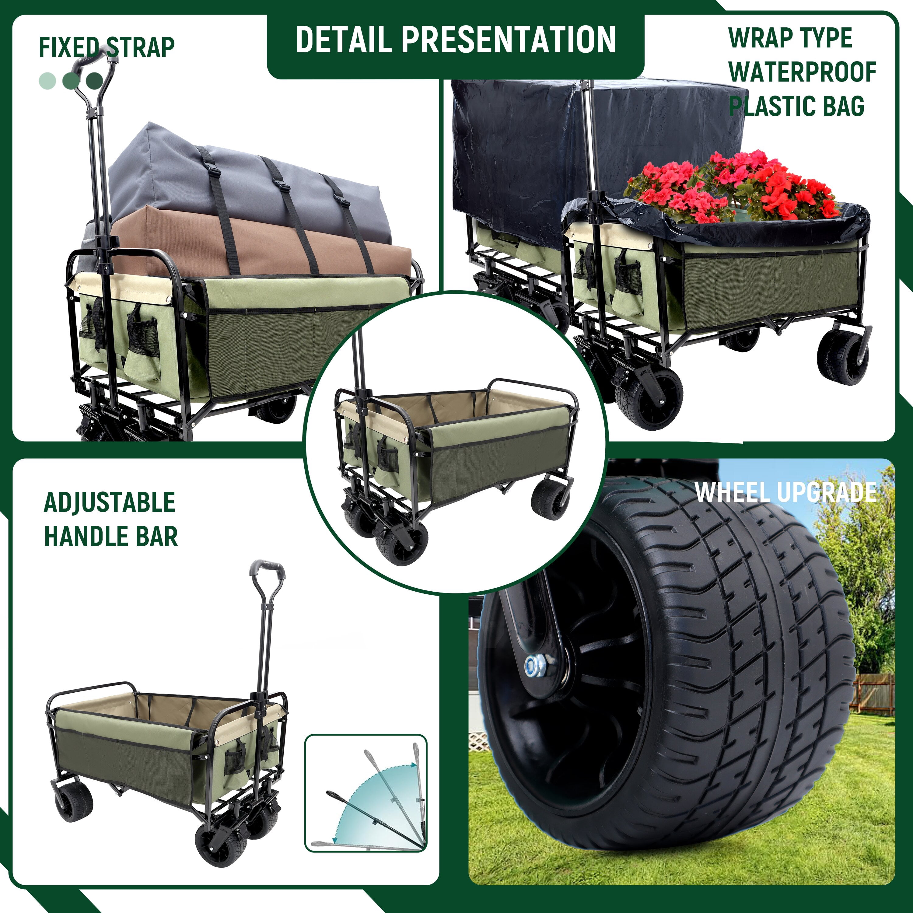 Yoneston 440LBS Collapsible Wagon Cart, Portable Heavy Duty Utility Wagon with 3pcs Plastic Liner Cover Bag for Camping, Picinc, Shopping, Beach, Grocery Transport, Green