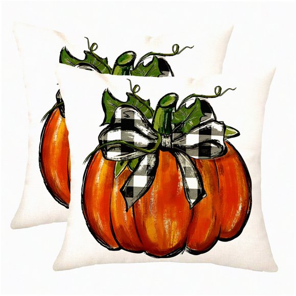 Autumn Harvest Plaid Pillowcase - 18x18 Inch Fall Pumpkin Cushion Cover for Thanksgiving Decor, Farmhouse Sofa Throw Pillow Case