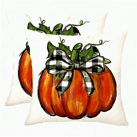 Autumn Harvest Plaid Pillowcase - 18x18 Inch Fall Pumpkin Cushion Cover for Thanksgiving Decor, Farmhouse Sofa Throw Pillow Case