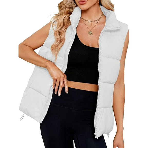 Puffer Vest for Female'S Outerwear Vests Puffy Oversized Quilted Vest Tops Jackets Coat with Pockets White S