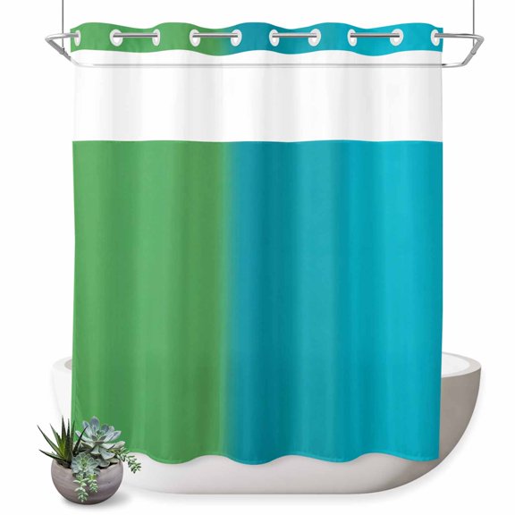 No Hook Shower Curtain, Green Blue Ombre Striped Shower Curtains for Bathroom with See Through Top Window, Modern Color Vertical Waterproof & Washable Bath Curtain Long 72"x78"