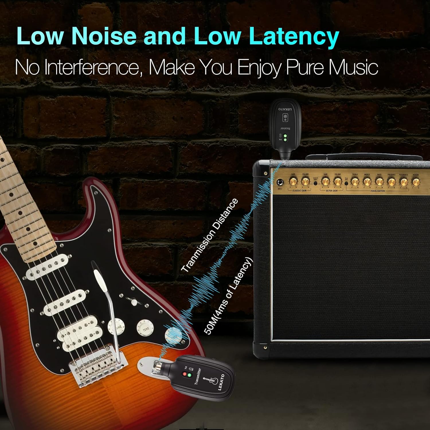 LEKATO A8 Wireless Guitar System Built-in Rechargeable 4 Channels Wireless Guitar Transmitter Receiver for Electric Guitar Bass Violin